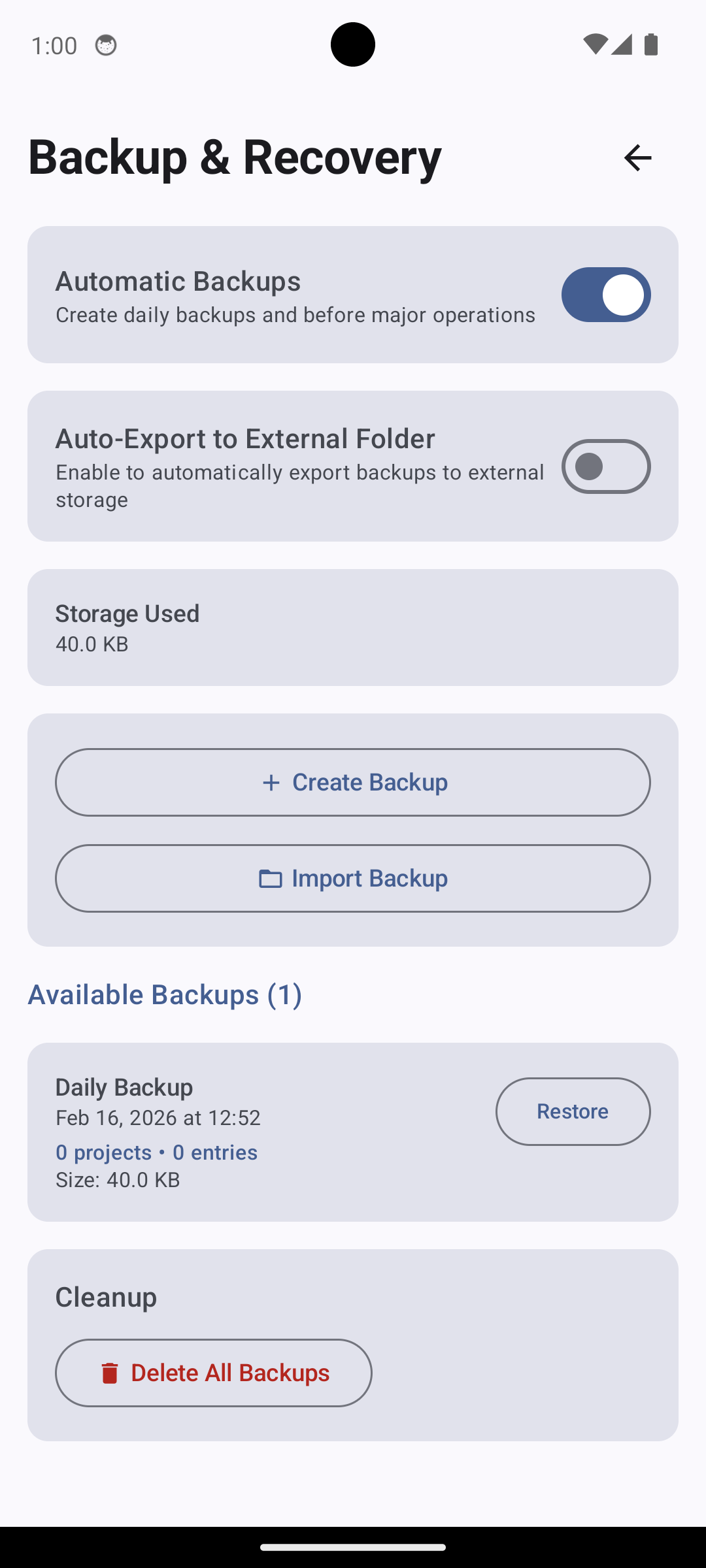 Backup and recovery screen